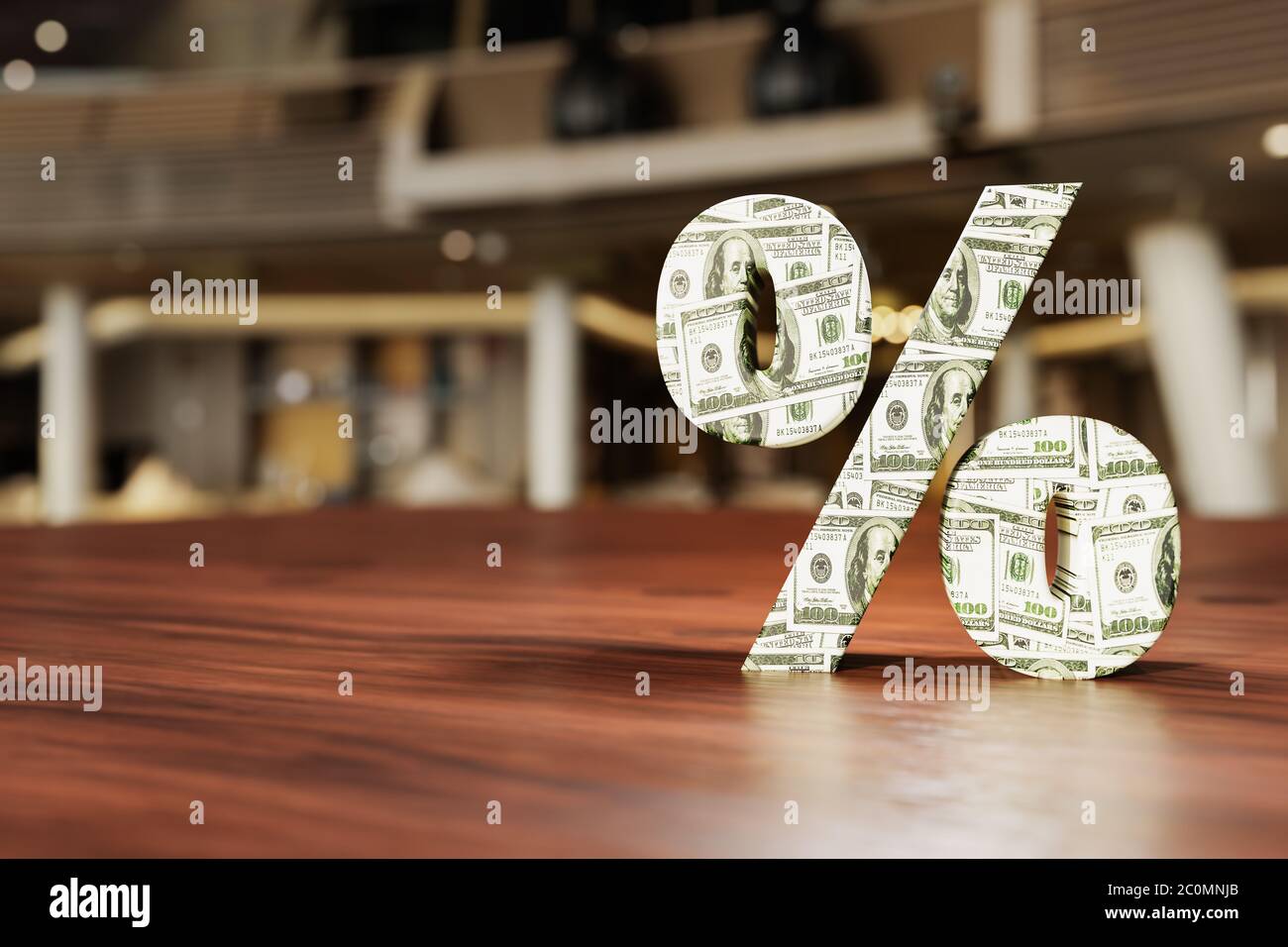 Signo porcentual hecho de billetes de dólar en la mesa de madera en el almacén de departamentos. Concepto de oferta especial Foto de stock