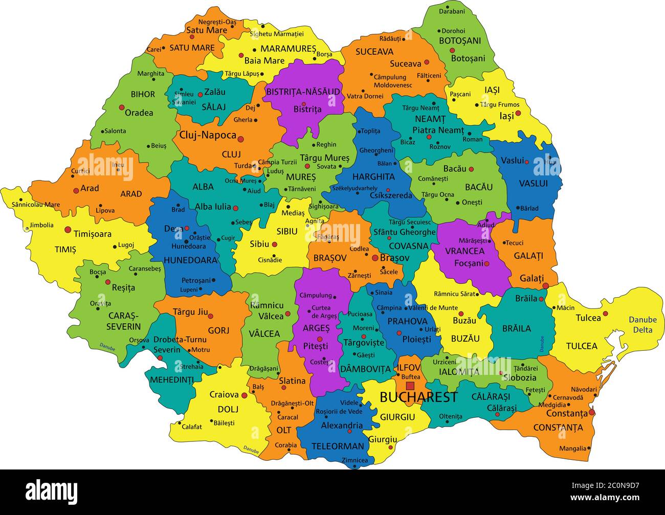 Mapa Político Colorido De Rumania Con Capas Claramente Etiquetadas Y