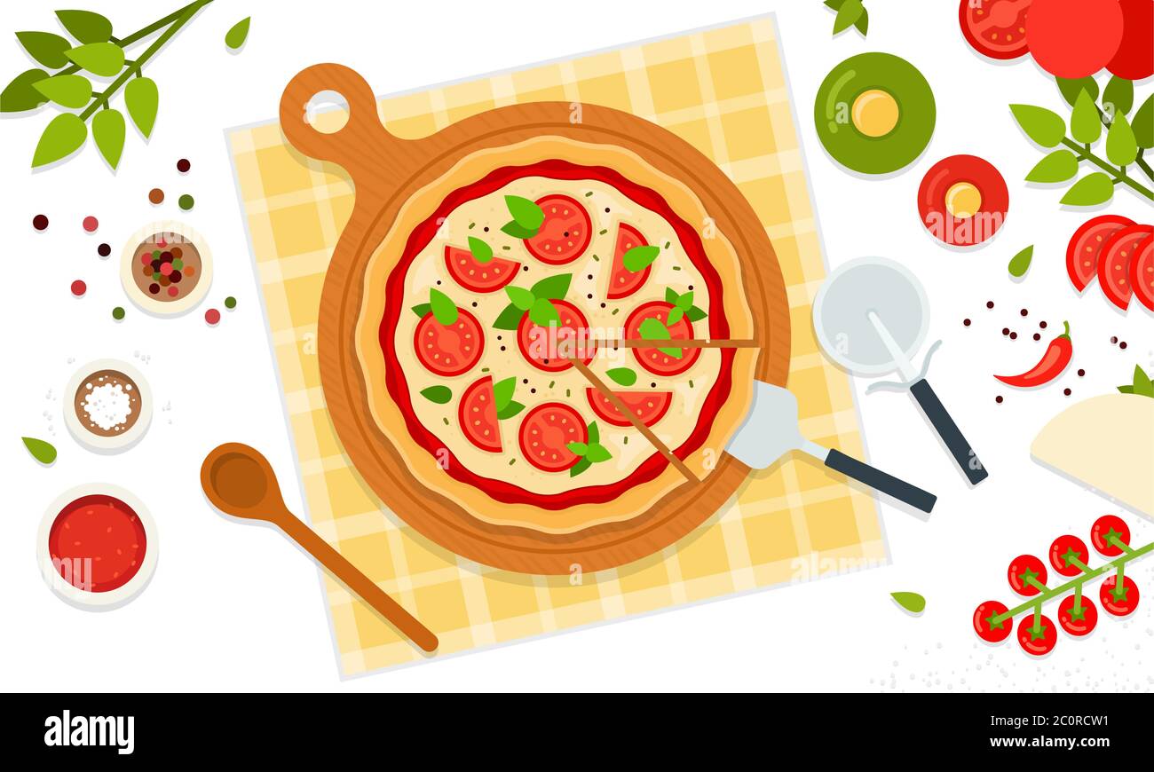 Deliciosa pizza margherita vector ilustración en diseño plano. Comida rápida italiana tradicional. Ilustración del Vector