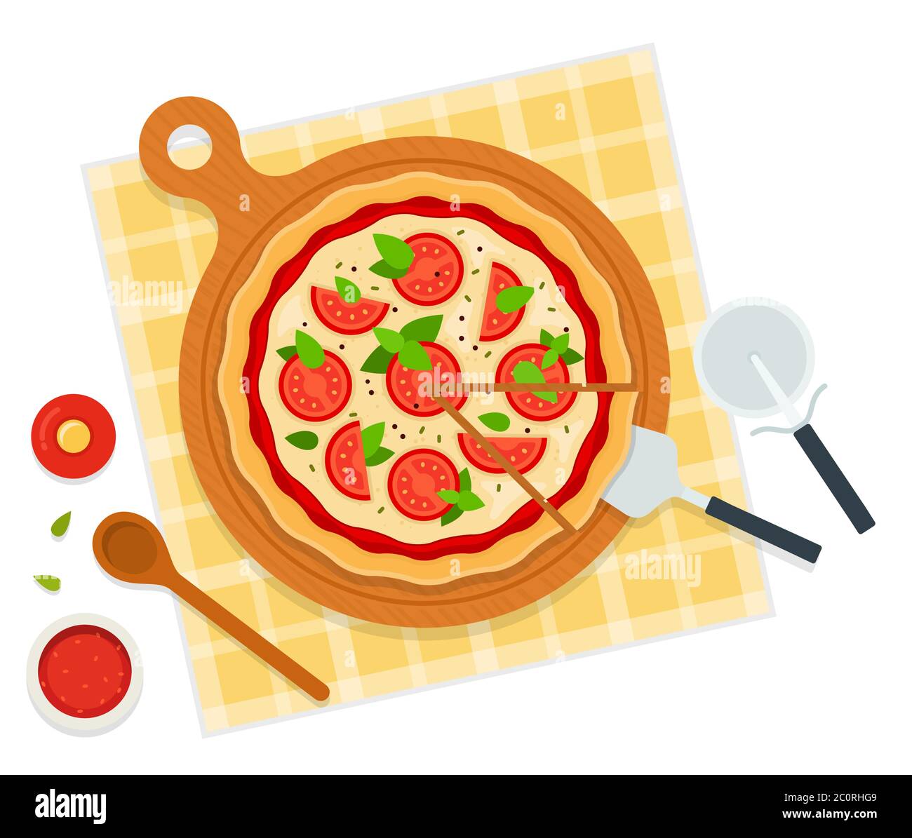 Redondo caliente deliciosa pizza margherita. Ilustración vectorial en estilo plano aislada sobre fondo blanco. Ilustración del Vector