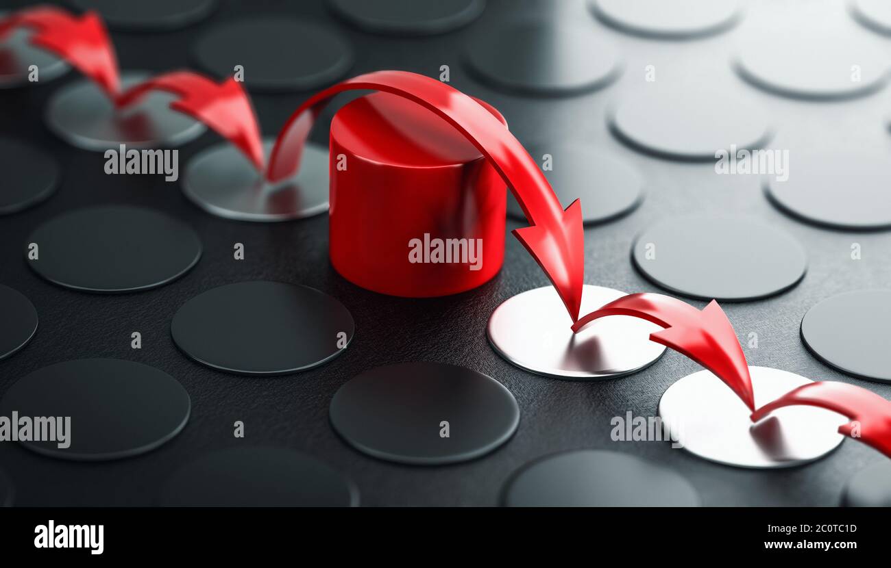 Flechas saltando sobre un obstáculo rojo, fondo negro. Concepto de superación de barreras y avance a pesar de las dificultades. Ilustración 3D. Foto de stock