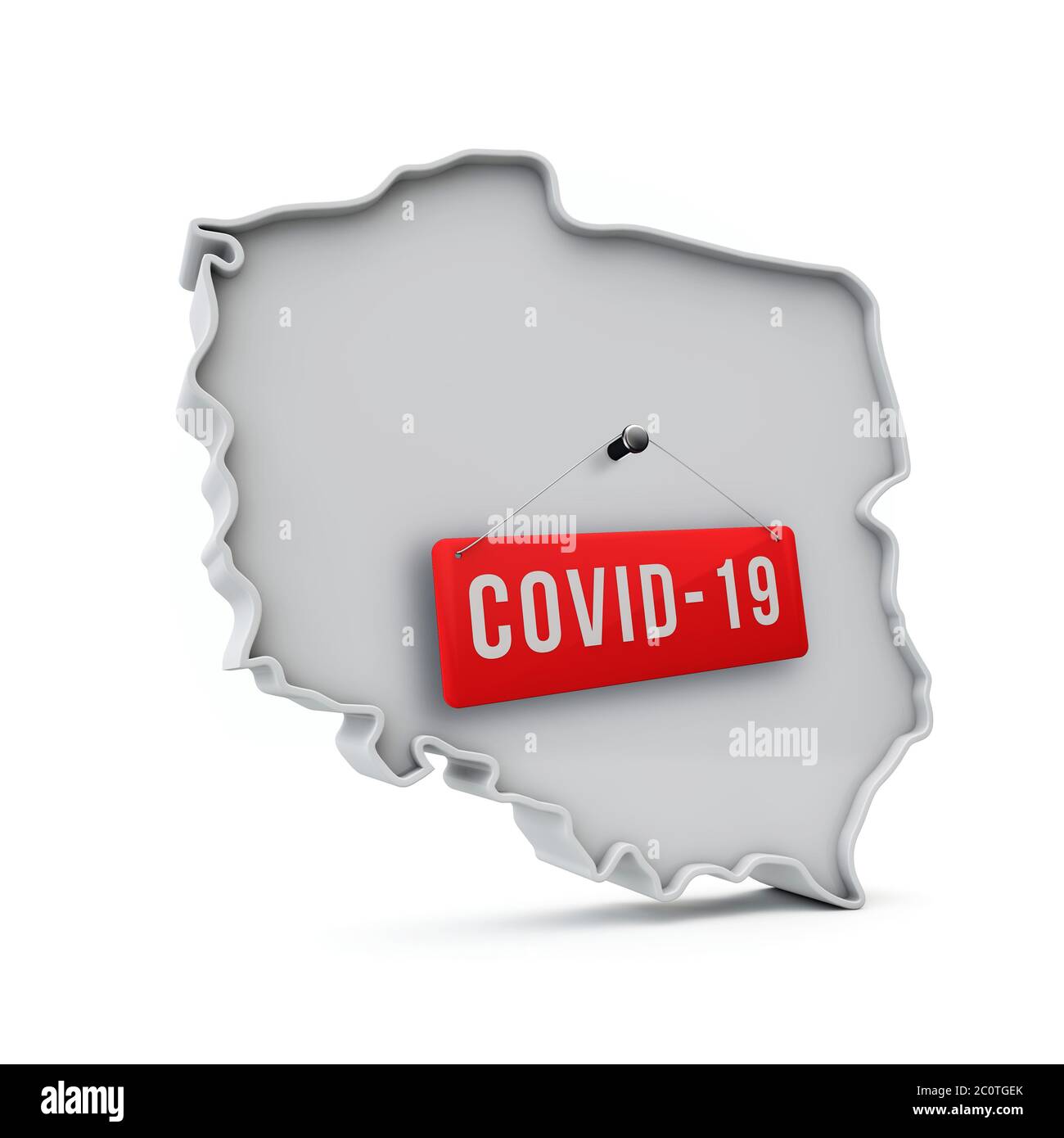Mapa 3D sencillo de Polonia con covid-19 etiqueta roja 3D Rendering. Foto de stock