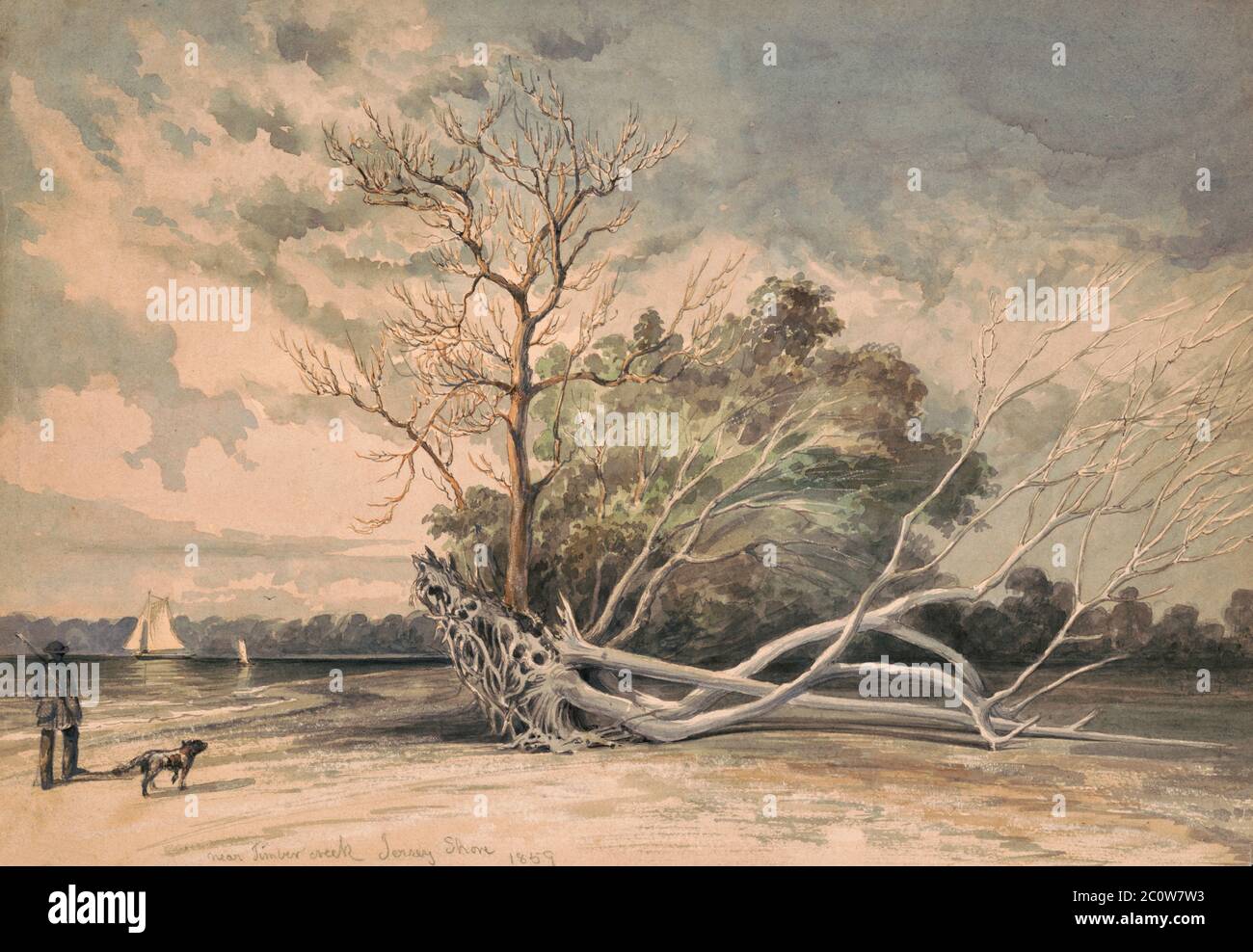 Cerca de Timber Creek, Jersey Shore 1859 - dibujo muestra, a la izquierda, un hombre con un rifle caminando a lo largo de la orilla de Timber Creek o el río Delaware con su perro. En el centro están los árboles muertos, uno caído, y dos veleros a la izquierda, en el fondo. Big Timber Creek entra en el río Delaware en el lado de Nueva Jersey justo al sur de Filadelfia. Foto de stock