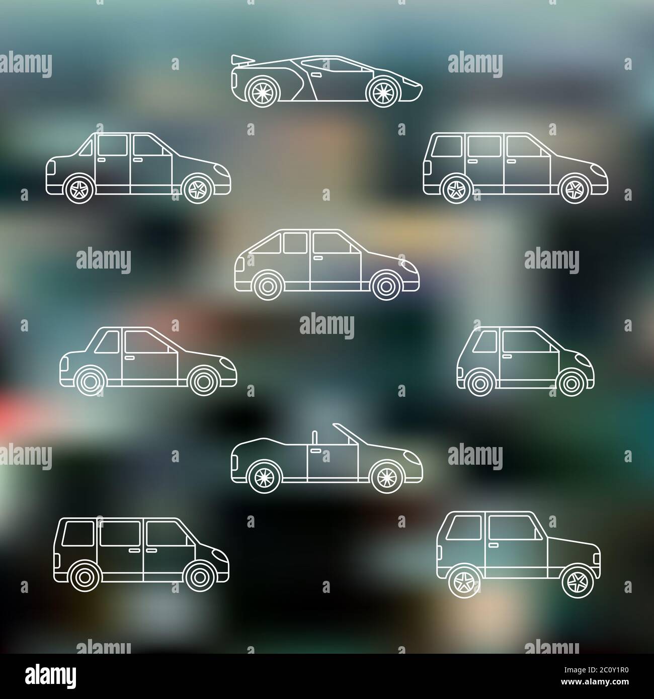 contorno blanco varios tipos de carrocería de coches iconos conjunto Foto de stock