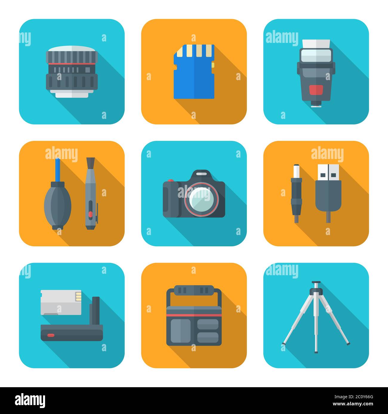 iconos de herramientas de fotografía digital cuadrada de estilo plano en color Foto de stock