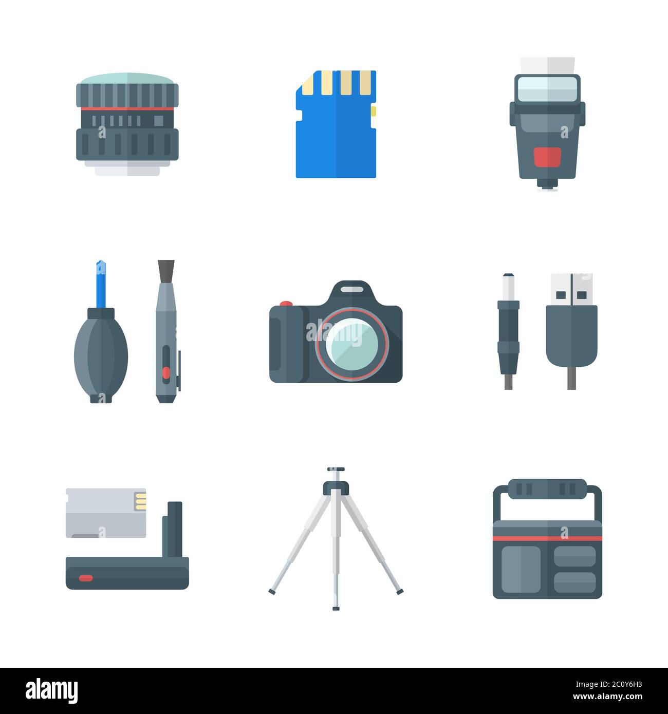 color plano de estilo aislado de las herramientas de fotografía digital iconos Foto de stock
