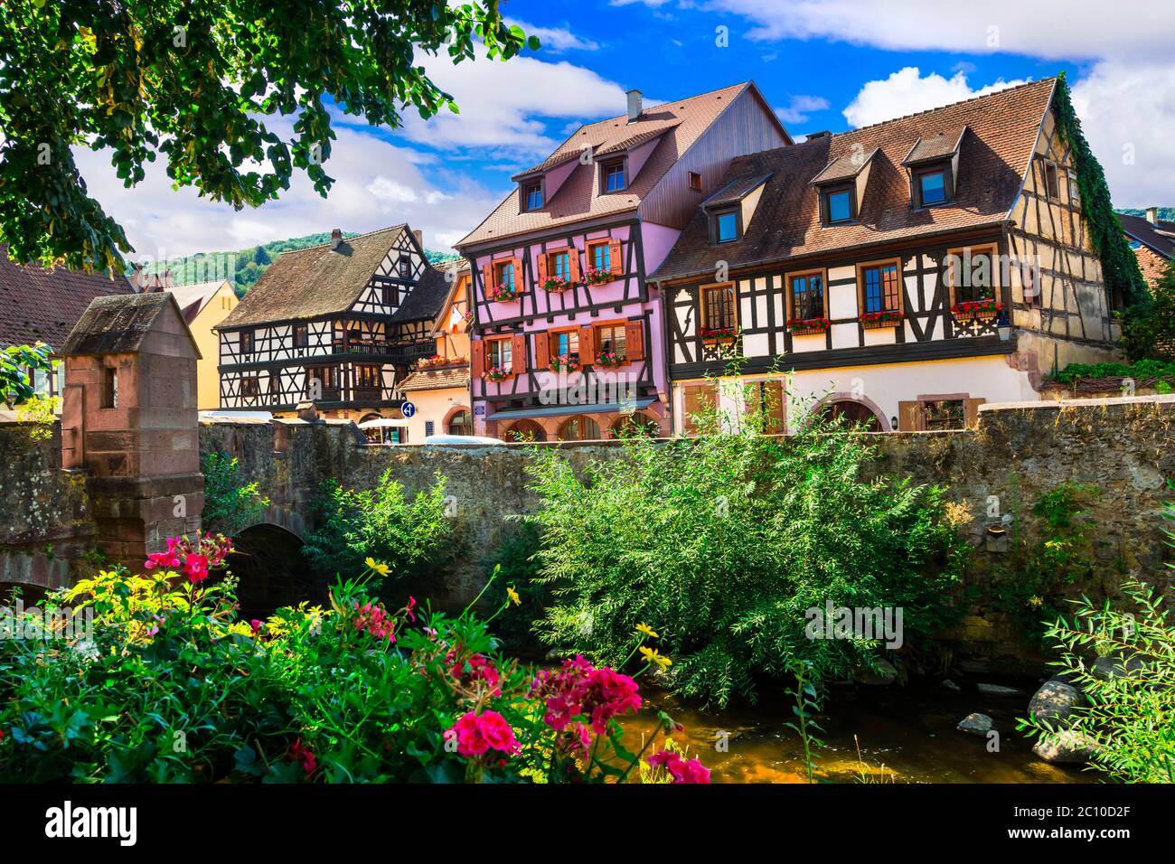 Hermoso campo de la región de Alsacia - famosa "ruta de la vid" en Francia. Kayserberg pueblo tradicional Foto de stock