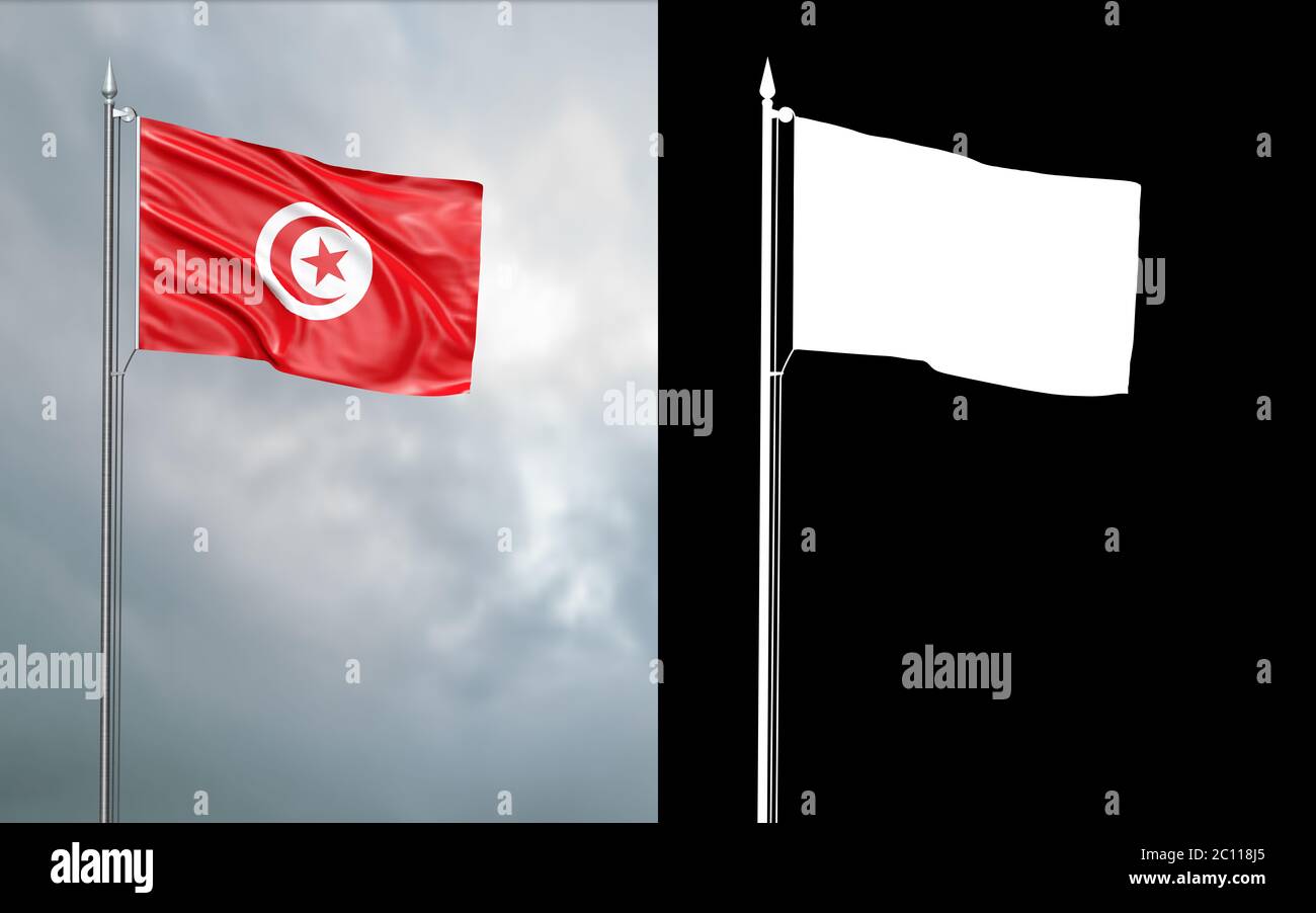Ilustración 3d de la bandera de la República de Túnez moviéndose en el viento en el asta de la bandera frente a un cielo nublado con su canal alfa Foto de stock