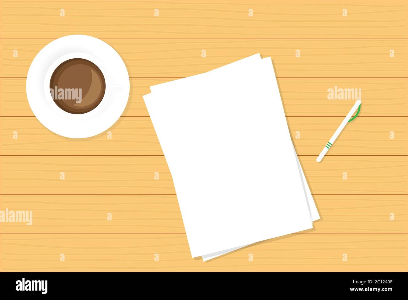 Taza de café y hojas de papel en la mesa con espacio vacío para texto. Fondo vectorial. Ilustración del Vector