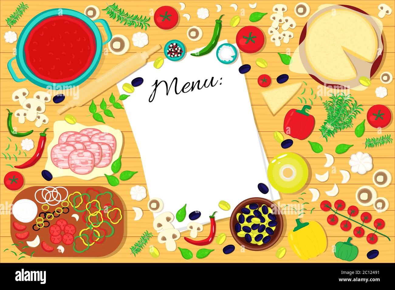 Lista de menús en la mesa con ingredientes de alimentos. Fondo de ilustración vectorial. Ilustración del Vector