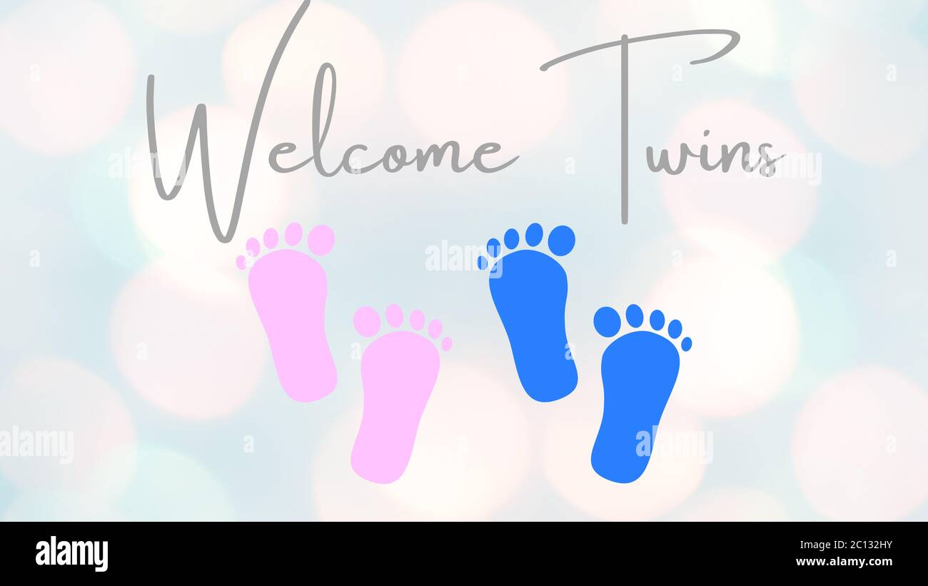 Ilustración, banner, diseño o tarjeta con los Twins de bienvenida... Color rosa y azul. Adecuado para las cartas de las duchas del bebé o invitación. Diseño coqueto con CO Foto de stock