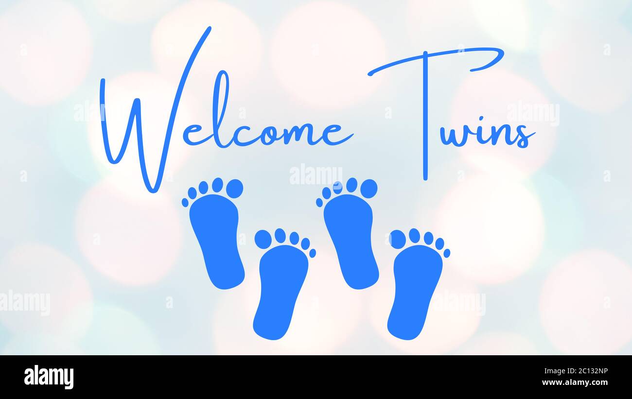 Ilustración, banner, diseño o tarjeta con los Twins de bienvenida. Colores azules. Adecuado para las cartas de las duchas del bebé o invitación. Diseño coqueto con espacio para copiar. Foto de stock
