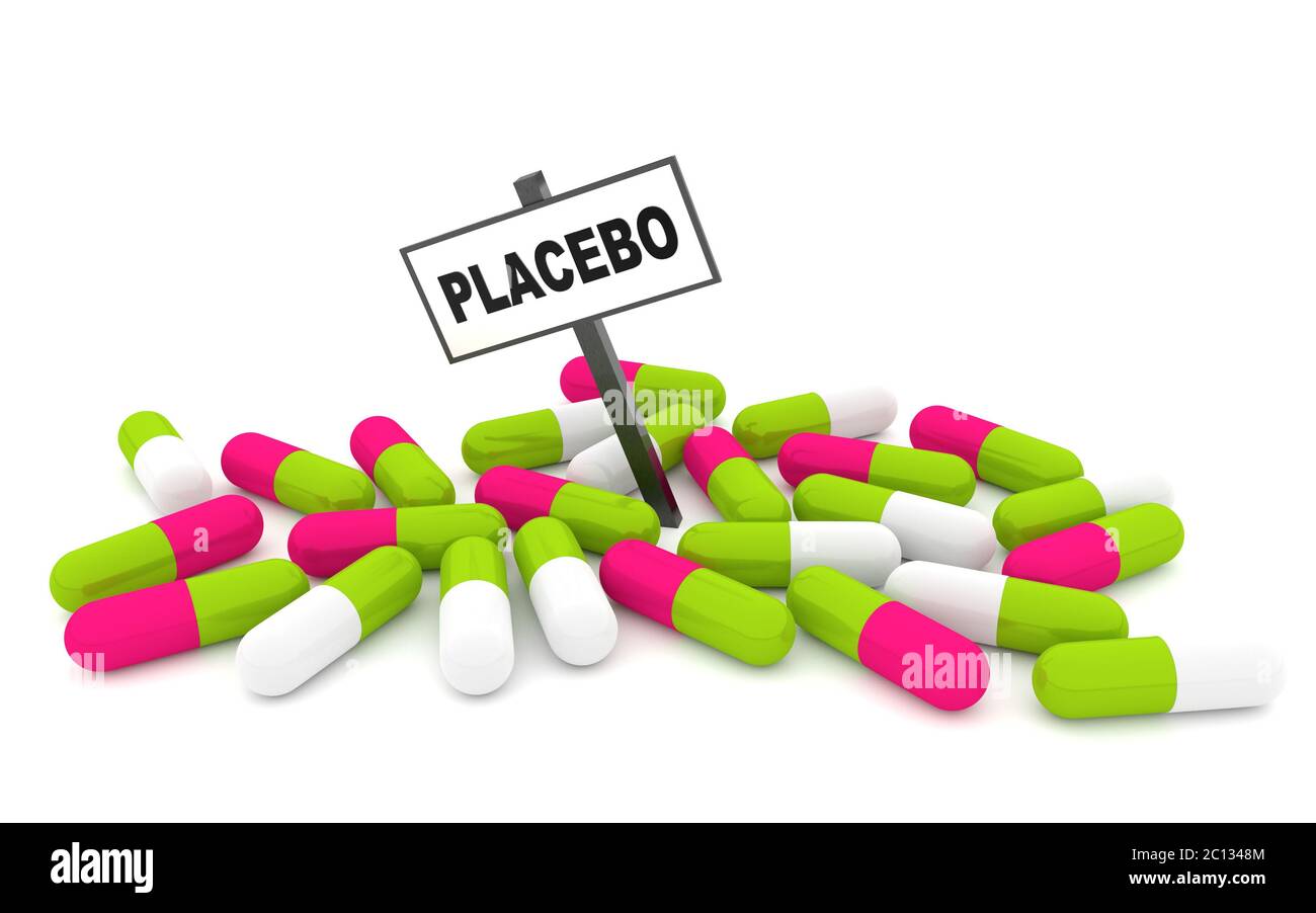 Concepto de píldoras placebo con píldoras aisladas sobre fondo blanco. Renderizado en 3D Foto de stock