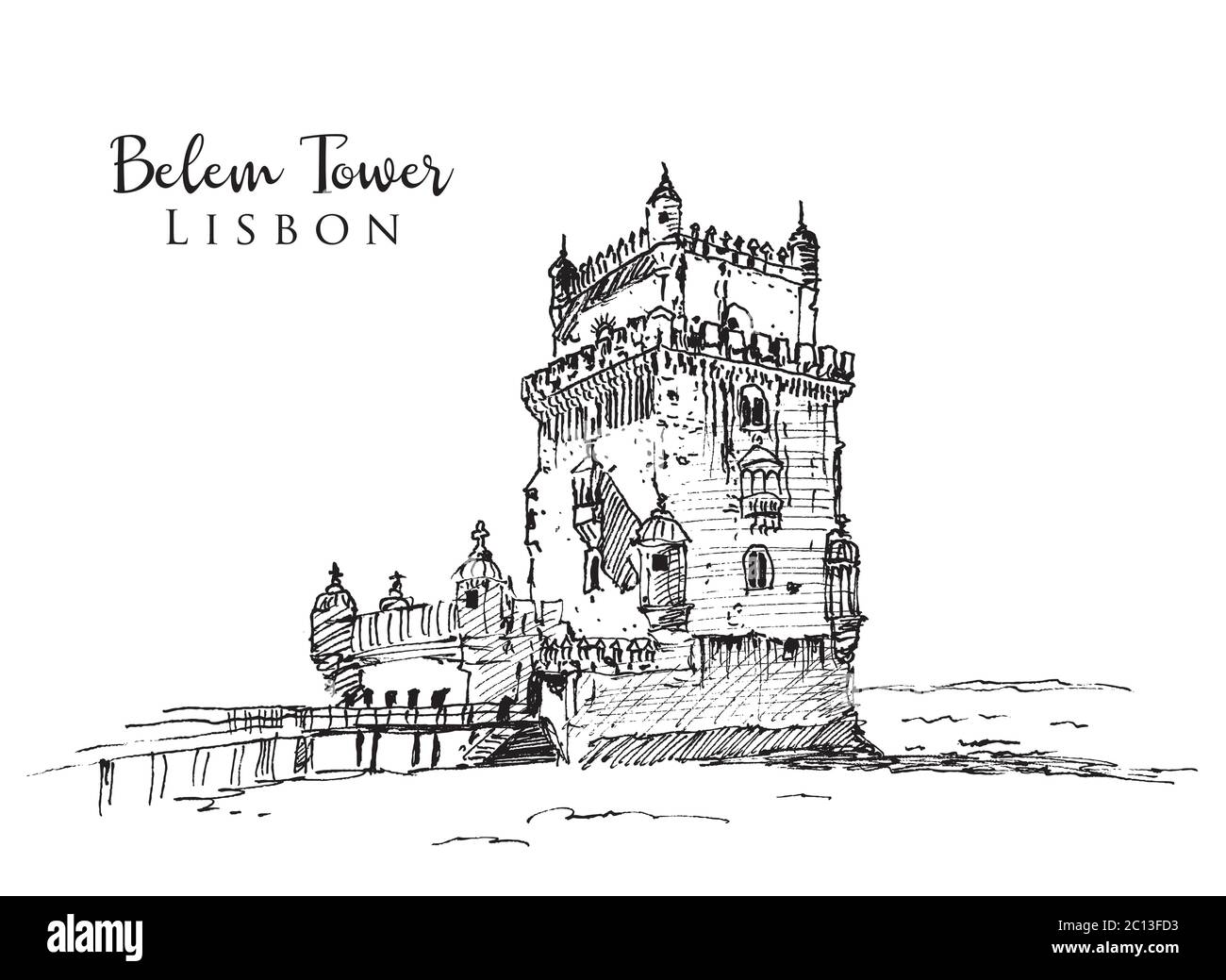 Dibujo de la ilustración de la Torre Belem en lisboa, Portugal Ilustración del Vector