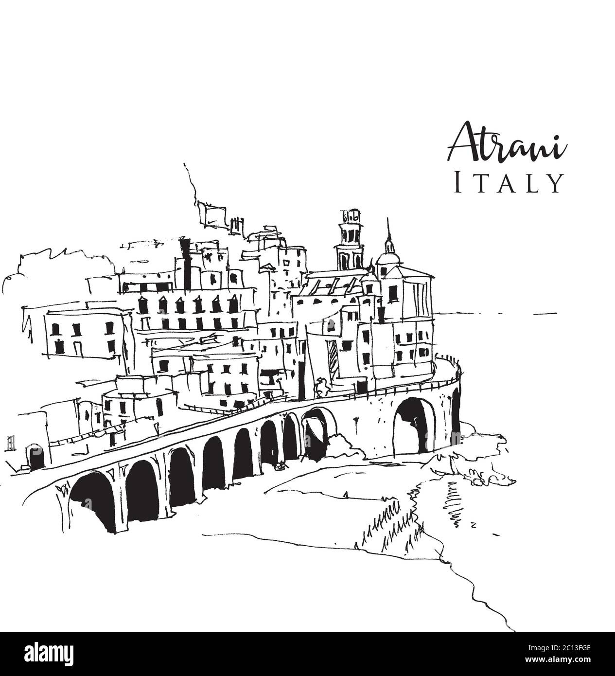 Dibujo de la ilustración de Atrani, el pueblo más pequeño del suroeste de Italia. Ilustración del Vector