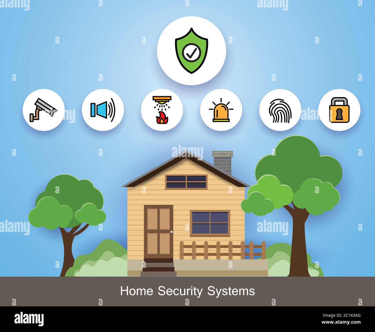 Sistema de seguridad para el hogar, conjunto de iconos, con alarmas antirrobo, cámaras de vigilancia para el hogar, rociadores de techo contra incendios, diseño vectorial. Ilustración del Vector