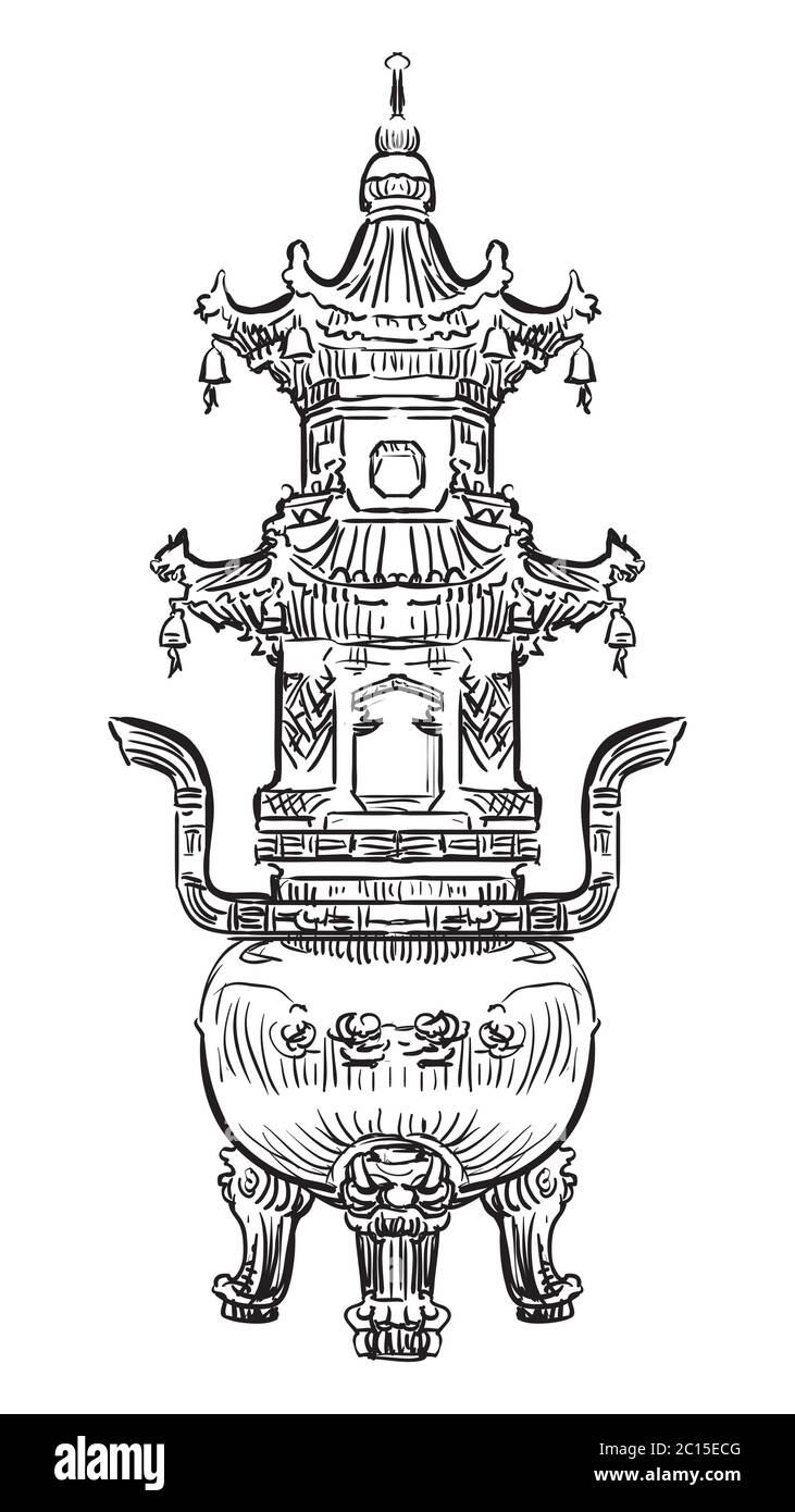 Gran quemador de incienso de bronce en la Pagoda Gigante del Ganso Salvaje en Xi'an, provincia de Shaanxi, punto de referencia de China. Dibujo a mano de dibujo vectorial ilustración en negro Ilustración del Vector