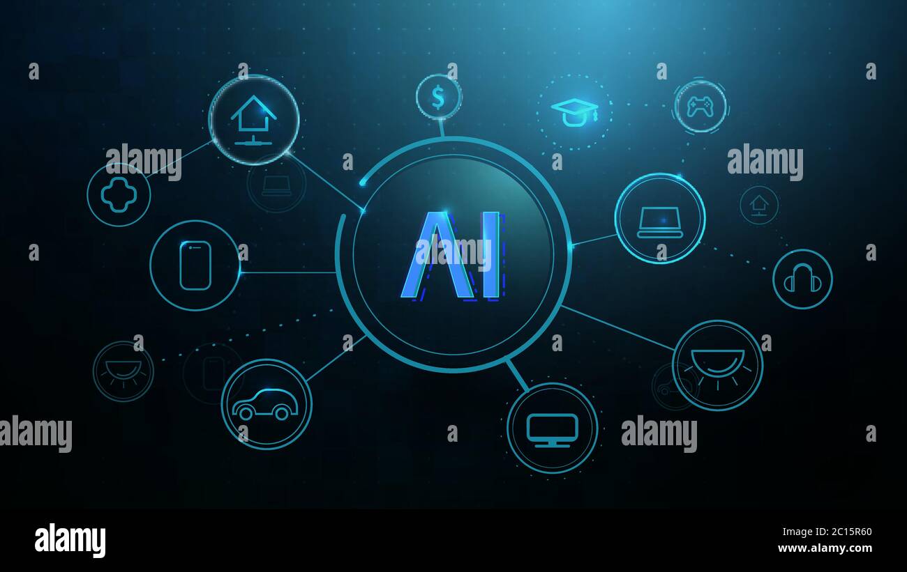 AI, inteligencia artificial, Internet de las cosas IoT, plantilla  infográfica con iconos, tecnologías inteligentes Imagen Vector de stock -  Alamy