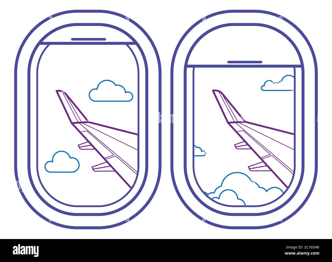 Icono de la ventana del avión con vista de cielo nublado y ala del avión Ilustración del Vector