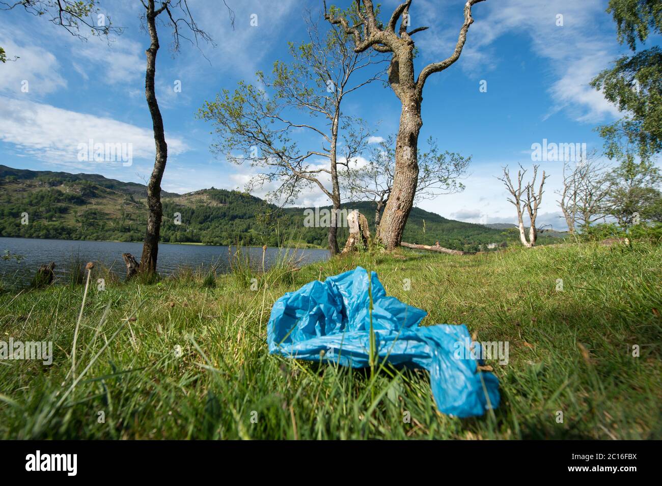 Loch Achray, Loch Lomond y el Parque Nacional Trossachs, Escocia, Reino Unido. 14 de junio de 2020. En la foto: Las orillas del lago Achray están llenas de basura vertida como bolsas de plástico, latas de cerveza vacías, ropa de camping y restos de uso de drogas. El lago Achray está en la Ruta del corazón 200, sin embargo, ha sido cerrado durante el cierre del Coronavirus (COVID19). El encierro no ha detenido a la gente acampar ilegítimamente, sin embargo, y también ilegalmente dejar su basura, lo que representa un riesgo para la fauna local. Crédito: Colin Fisher/Alamy Live News Foto de stock