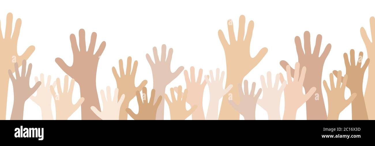 ilustración perfecta de muchas personas de diferentes colores de piel estirar las manos para simbolizar la cooperación o la amistad de la diversidad Ilustración del Vector
