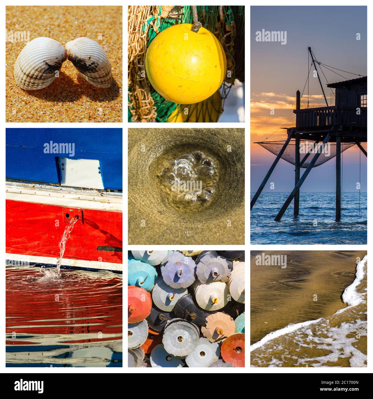 Fotomontaje mar, playa y barco concepto Foto de stock