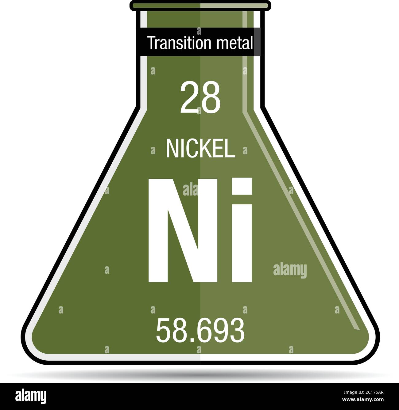 Símbolo de níquel en matraz químico. Elemento número 28 de la Tabla periódica de los elementos Símbolo de níquel en matraz químico. Elemento número 28 de la Tabla periódica de los elementos