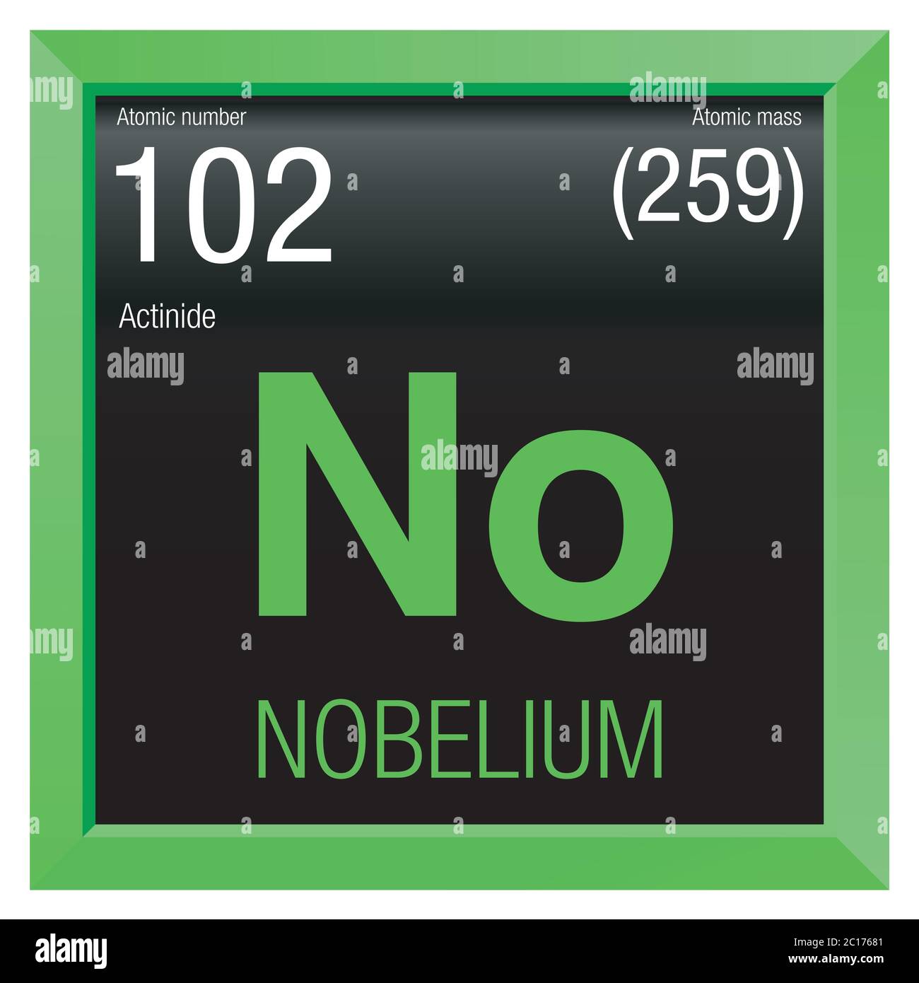 Símbolo de nobelio. Elemento número 102 de la Tabla periódica de los  elementos - Química - Marco cuadrado verde con fondo negro Imagen Vector de  stock - Alamy