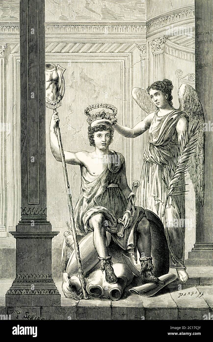 Esta ilustración de principios de 1900 muestra un general romano triunfante - el dibujo se basa en una pintura mural descubierta en Pompeya, la ciudad al sur de Roma que fue destruida en la erupción del Monte Vesubio en 79 d.C. el simbolismo más probable representa a Nike, la diosa de la victoria, coronando al general. Foto de stock
