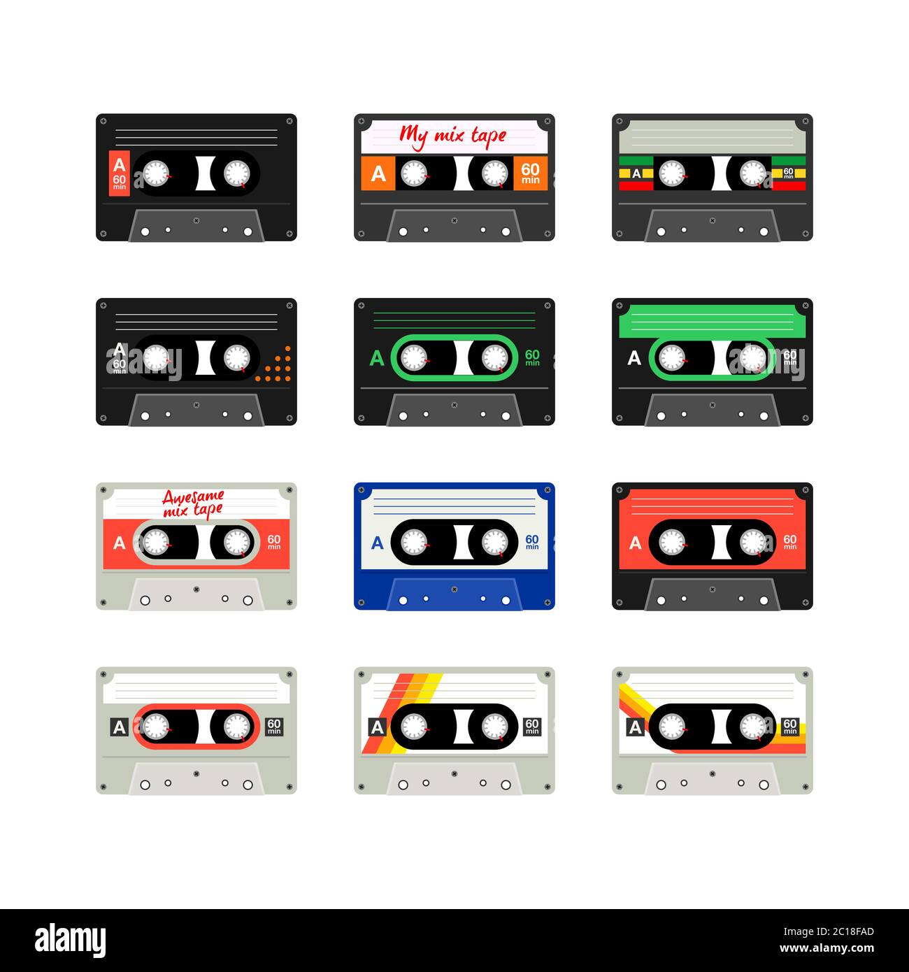 Cinta grabadora de cassette en los 80 's retro recuerdos de música. Diseño de casete de música de Oldies. Conjunto de ilustración vectorial de cinta de casete vintage. Ilustración del Vector