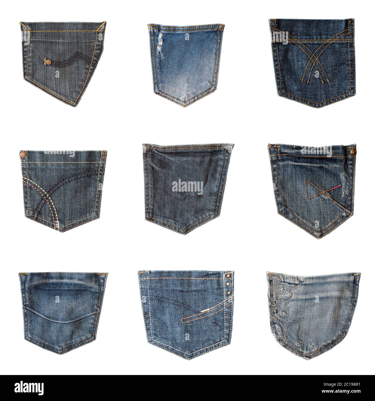 Colección de diferentes bolsillos traseros de jeans aislados sobre fondo  blanco. Juego de nueve muestras de bolsillos de tela vaquera Fotografía de  stock - Alamy