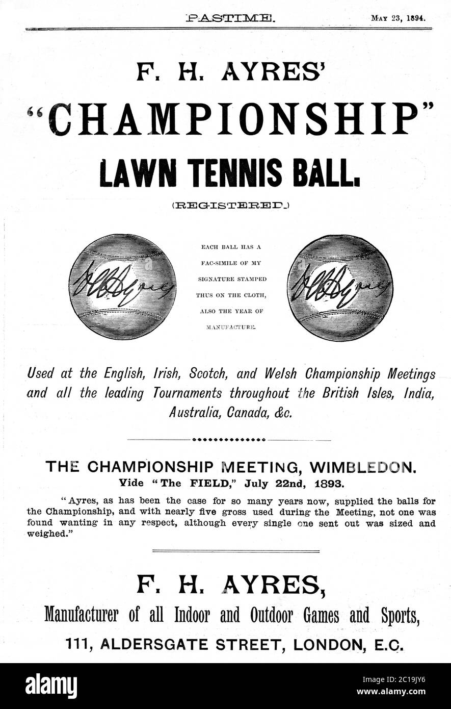 FH Ayres Championship Tennis Ball, anuncio de la revista 1894 para las bolas hechas en Inglaterra y utilizadas en el Campeonato de Wimbledon y en todo el mundo Foto de stock