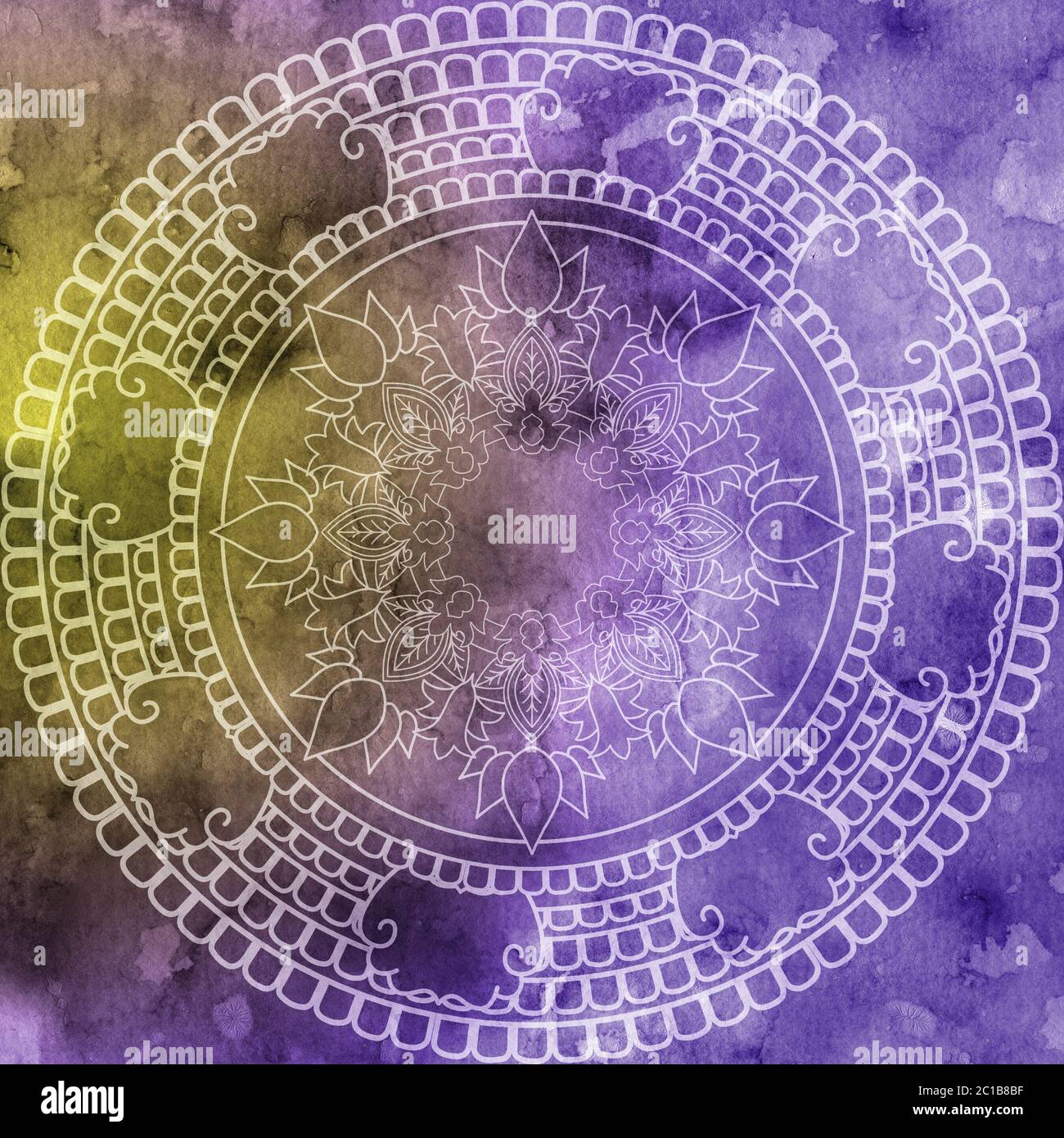 Mandala sobre acuarela colorida. Hermoso patrón redondo vintage. Fondo abstracto. Invitación de arte decorativo, camiseta pri Foto de stock