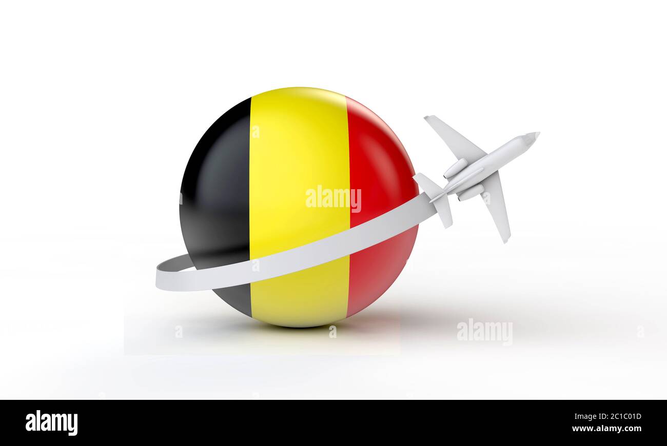 Viajar a Bélgica concepto. Avión volando alrededor de la bandera. Presentación 3D. Foto de stock