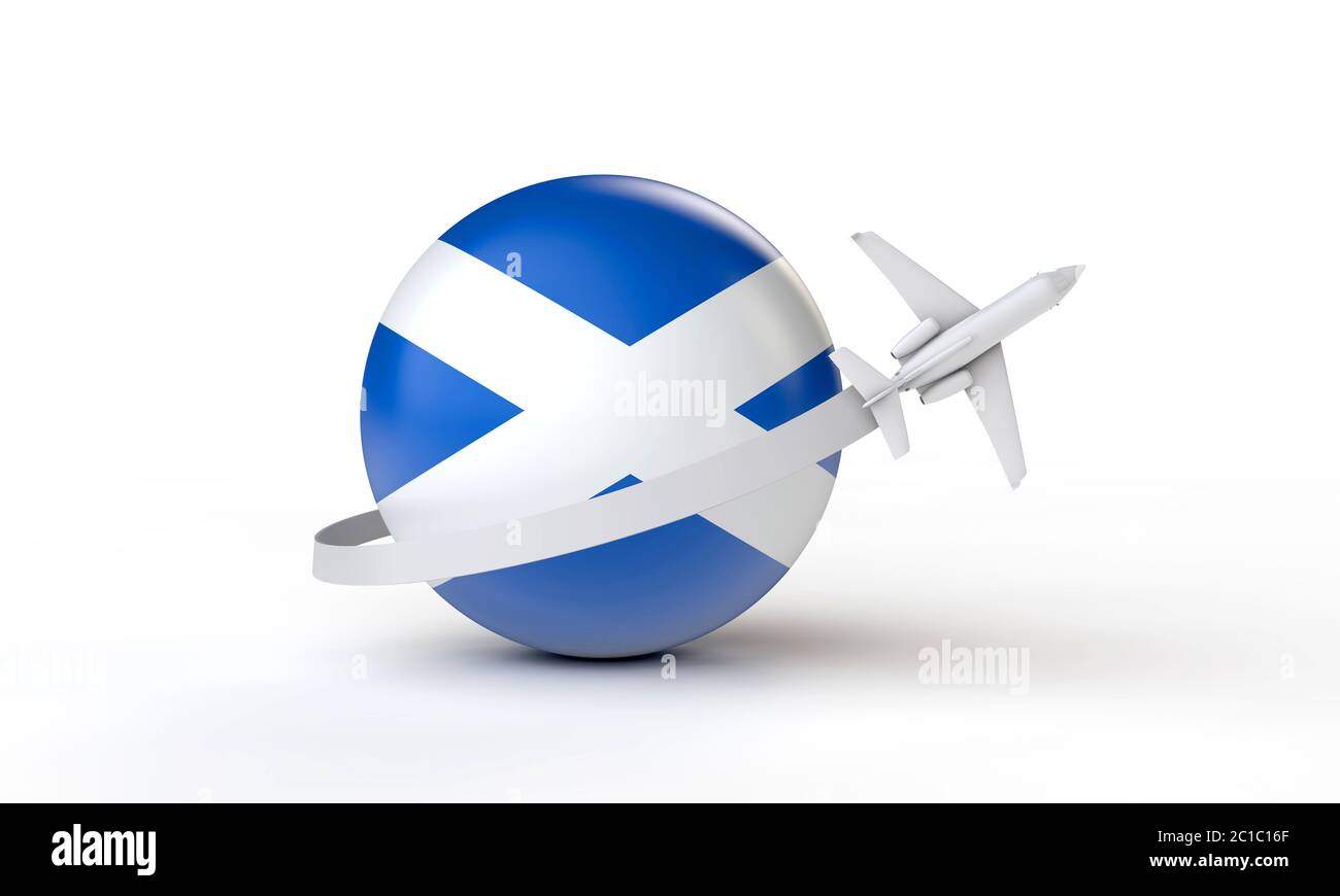 Viaje a Acotland concepto. Avión volando alrededor de la bandera. Presentación 3D. Foto de stock