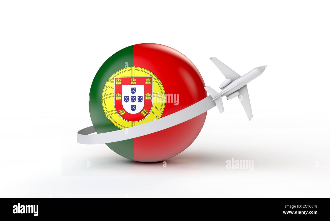 Viaje a Portugal concepto. Avión volando alrededor de la bandera. Presentación 3D. Foto de stock