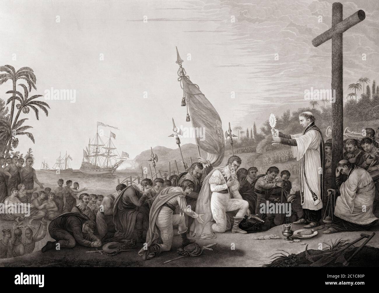 Colón aterriza en el Nuevo Mundo. De un grabado del siglo XIX de George Lang, después de una obra de John James Barralet. Foto de stock