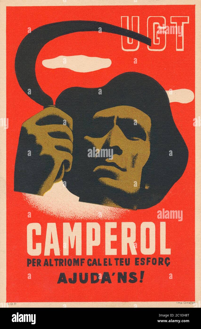 Guerra Civil Española 1936/1939, cartel de propaganda catalana. 'Granjeros para el triunfo, tu esfuerzo necesita ayuda'. España, 1930 Foto de stock