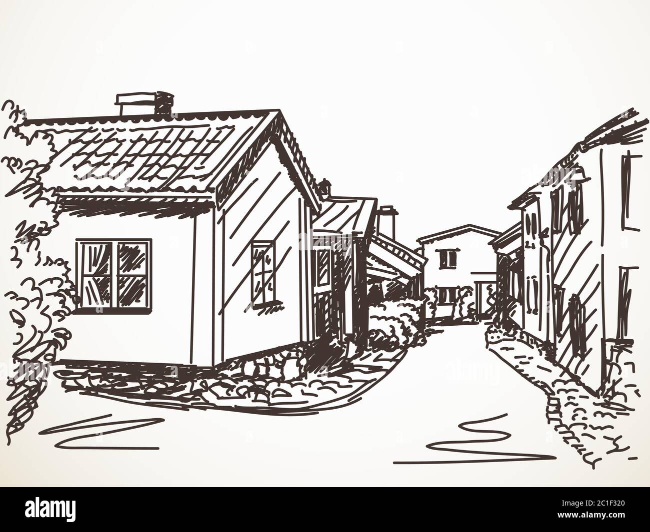 Dibujo de la calle de la ciudad con pequeñas casas ilustración vectorial  Imagen Vector de stock - Alamy