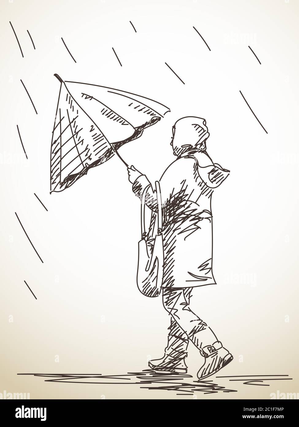 Dibujo de mujer con paraguas bajo la lluvia, dibujo a mano Imagen Vector de  stock - Alamy