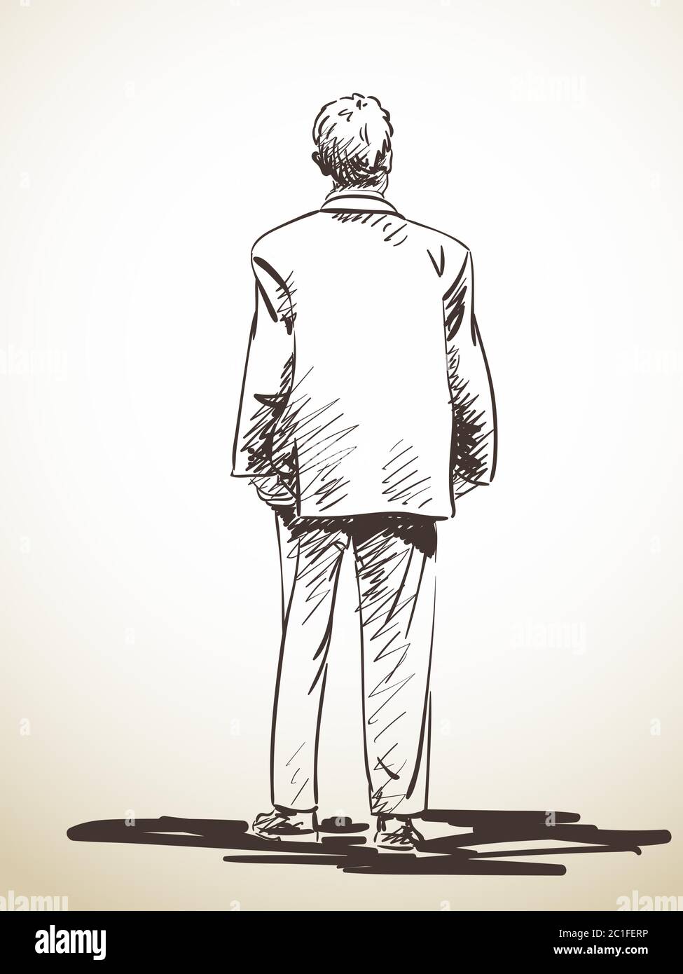 Dibujo de hombre parado en traje de atrás, ilustración dibujada a mano