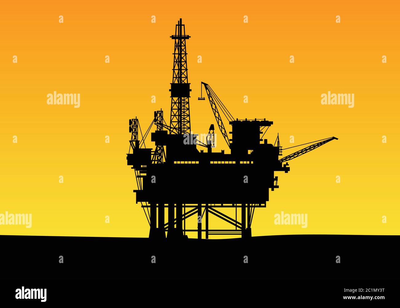 silueta de una construcción de perforación petrolera en alta mar con torres altas y grúa. Adecuado para plantilla de diseño de fondo de empresa de gas y energía. Ilustración del Vector