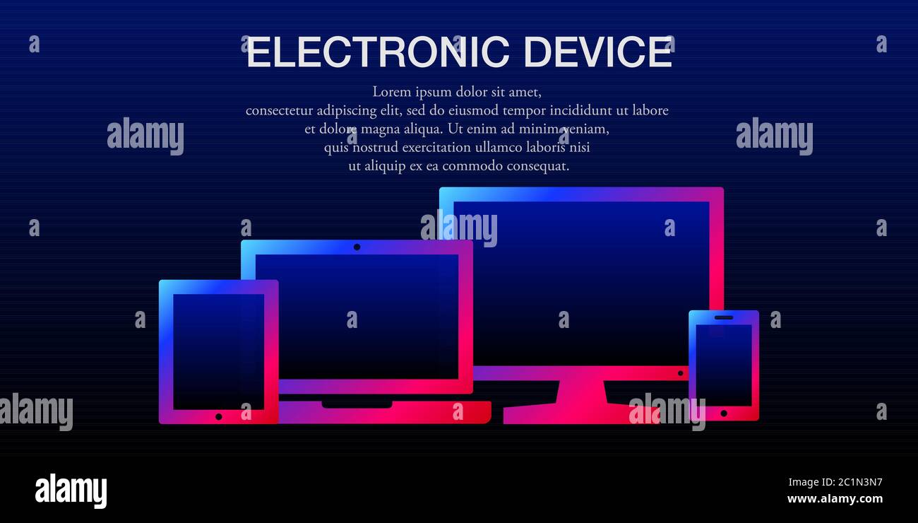Ilustración vectorial de varios dispositivos informáticos, portátiles, tabletas y smartphones. Adecuado para el diseño de elementos de pantalla multimedia. Ilustración del Vector