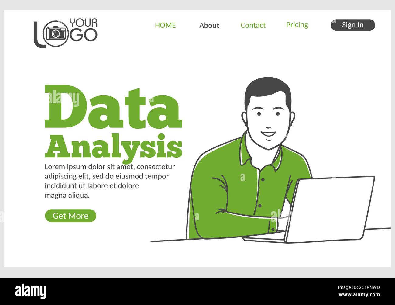 Página de inicio de análisis de datos en estilo de línea fina. Ilustración del Vector