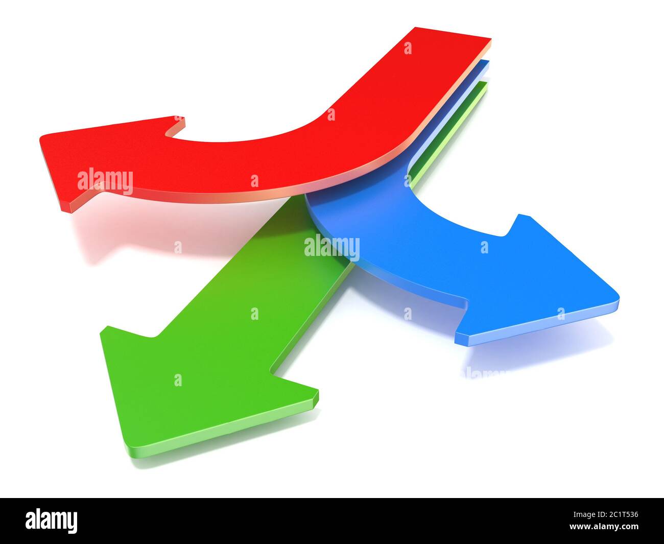 Flechas de tres vías, mostrando tres direcciones diferentes. Azul Rojo a la izquierda, derecha y adelante flechas verdes concepto. 3D Foto de stock