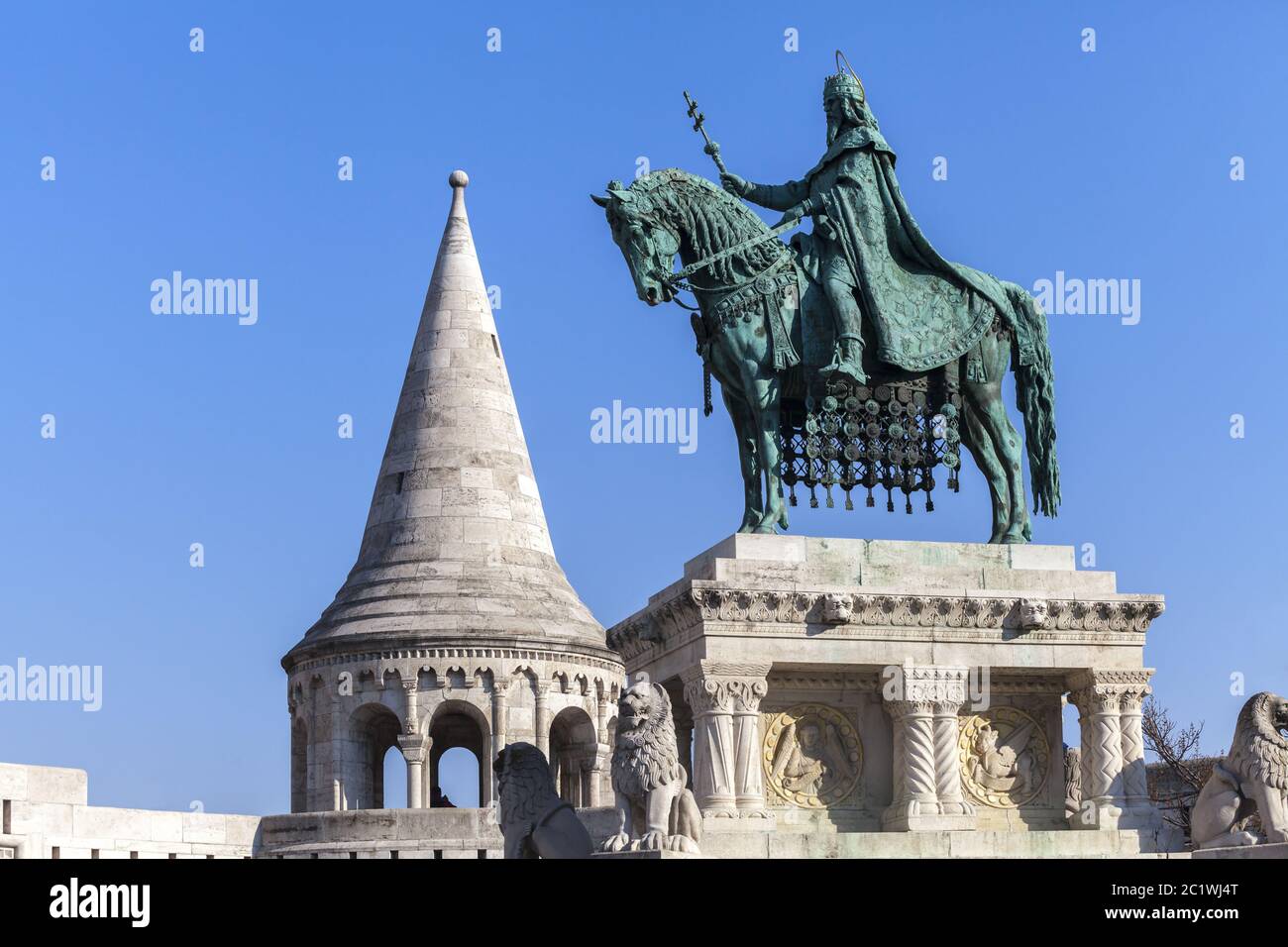 Estatua del caballo del rey Esteban en Budapest Foto de stock