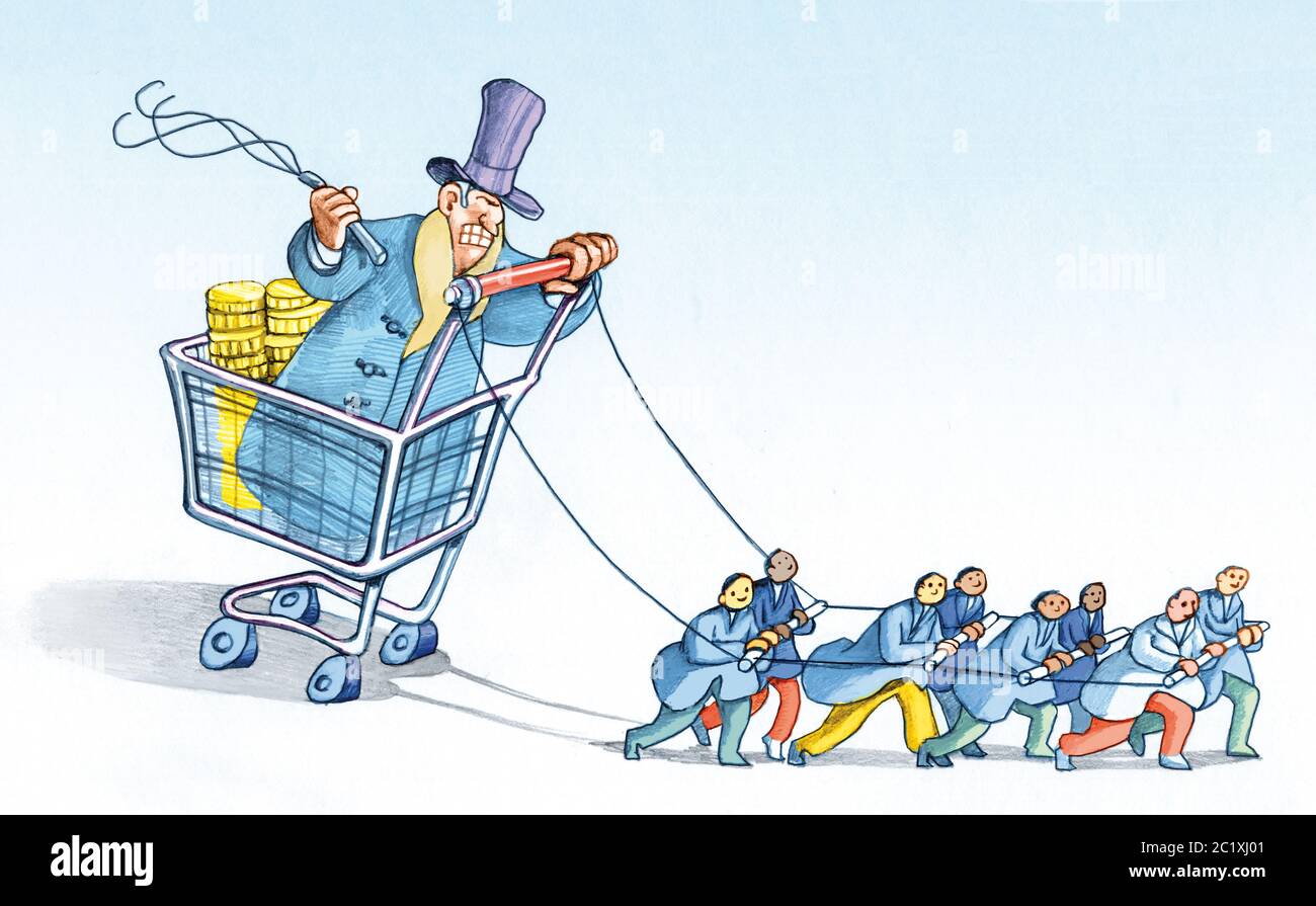 rico banquero sentado en un carro de supermercado látigos una fila de trabajadores para remolcarlo político sátira lápiz ilustración Foto de stock