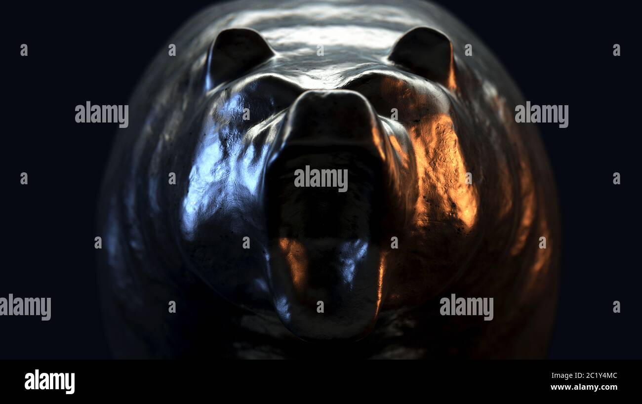 Un frontal frente de fundición de metal que representa un oso en la luz dramática oscura que representa las tendencias del mercado financiero - 3D render Foto de stock