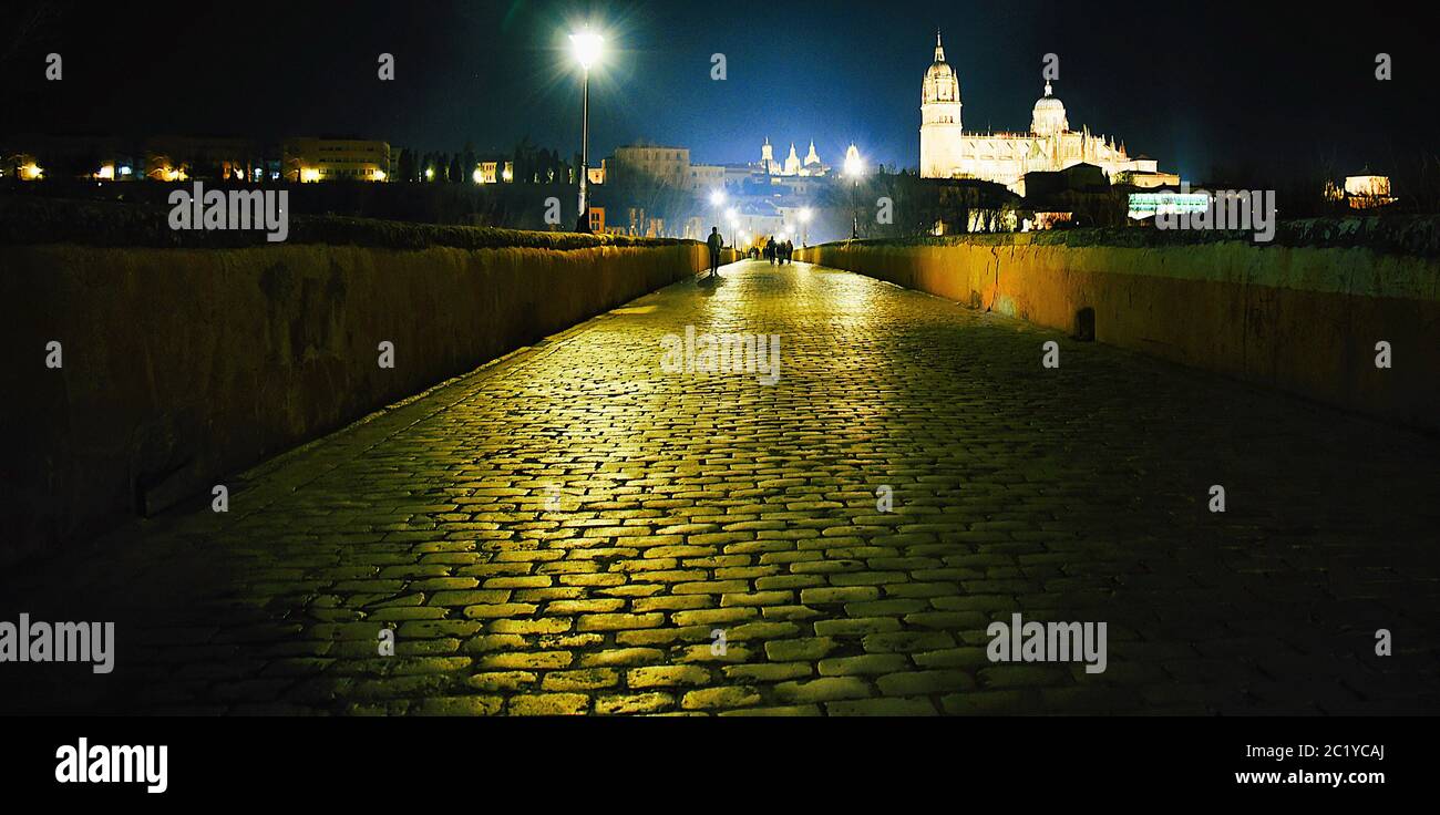 Puente romano adoquinado por la noche, Salamanca Foto de stock
