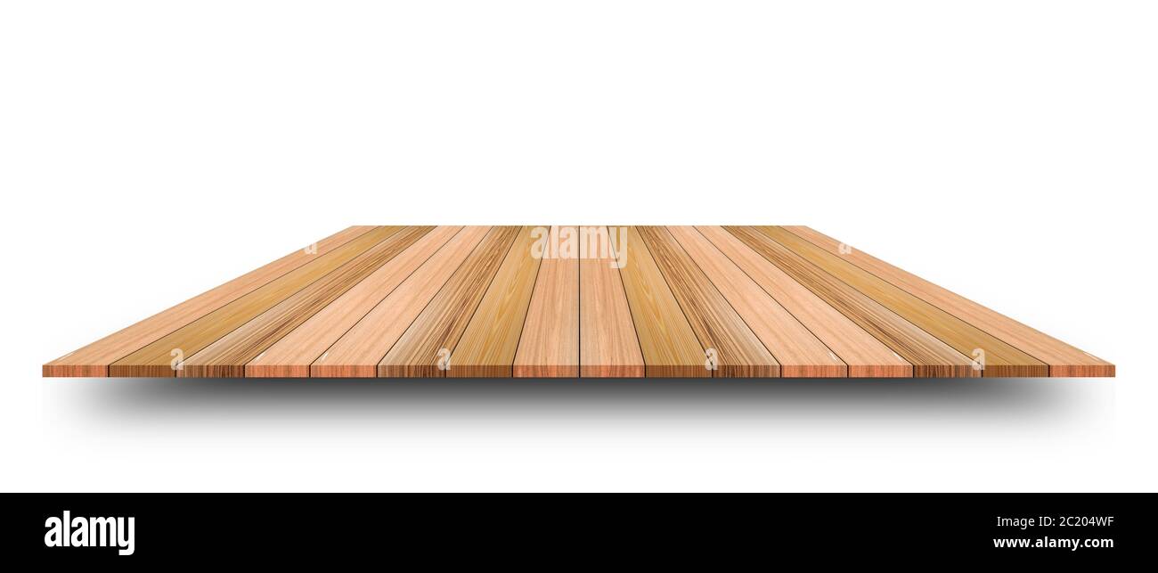 Tapa vacía de mesa de madera o mostrador aislado sobre fondo blanco. Para visualización o diseño de productos Foto de stock